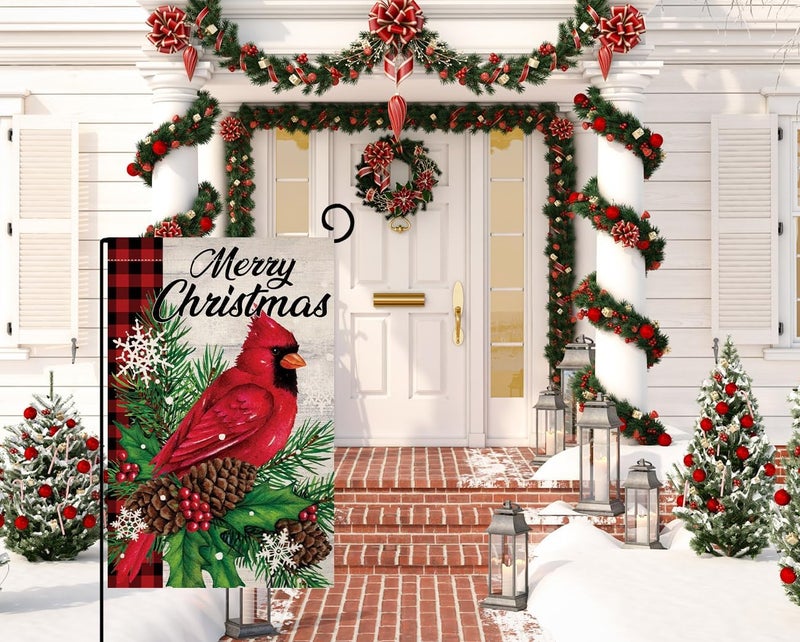 BLKWHT Christmas Cardinal Bird Garden Flag 12x18 Vertical Double Sided Winter Holiday Outside Decorations Burlap Yard Flag BW540 - Image 1
